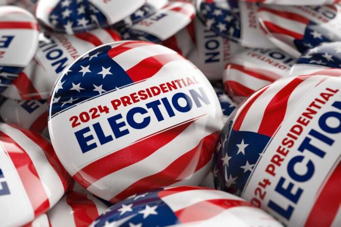 Closeup,Shot,Of,One,Presidential,Election,2024,Button,In,Focus