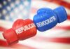 Red Republican and blue Democrat boxing gloves together