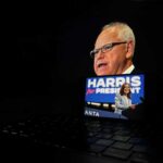 Man speaking with Harris for President image inset