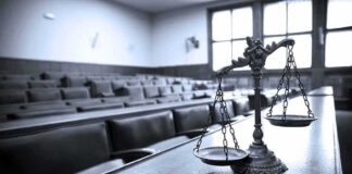 Scales of justice in an empty courtroom.