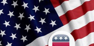 American flag with Republican elephant symbol