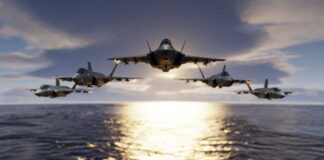Five fighter jets flying over the ocean