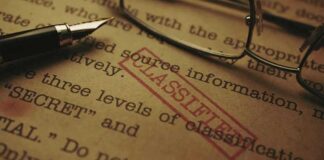 Classified document with pen and glasses on top.