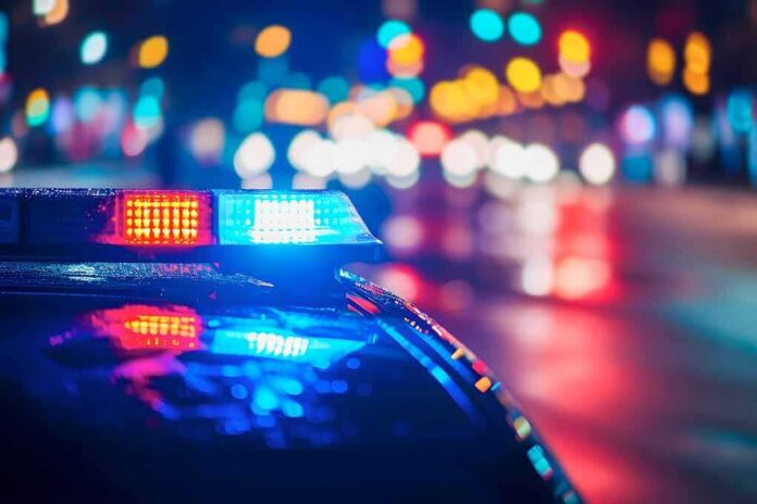 Police car with flashing lights at night