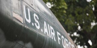 US Air Force plane with trees in background