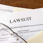 Documents labeled Lawsuit with glasses on top