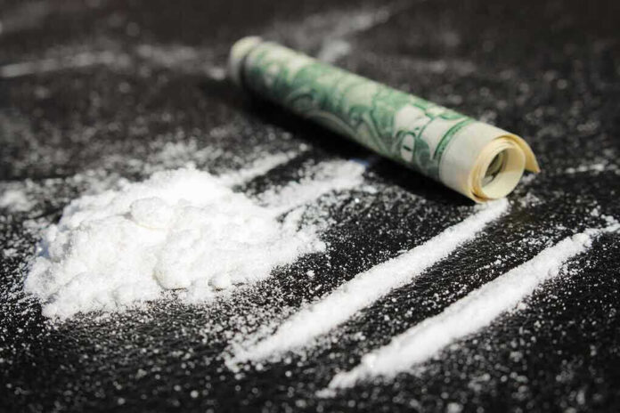 Powder lines, rolled dollar bill on black surface.
