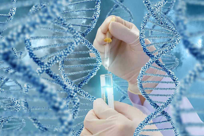 Hands with pipette and test tube surrounded by DNA strands