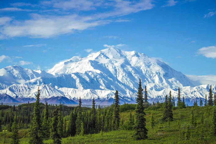 Snow-covered mountain under blue sky with green foreground