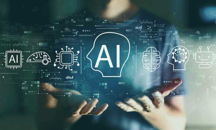 Person holding virtual icons related to artificial intelligence