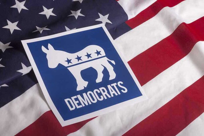 305852246 Democrats symbol on American flag background