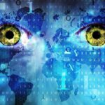 Abstract image featuring human eyes overlaid with binary code and a world map