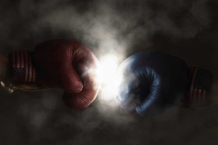 Red and blue boxing gloves clashing with smoke
