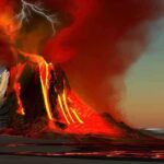 A volcano erupting with lava and lightning in the sky