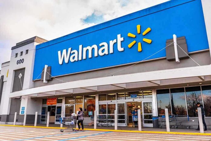 Exterior view of a Walmart store with customers entering and exiting