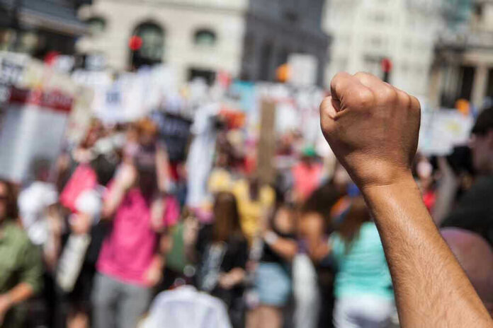 Raised fist in front of a crowd.
