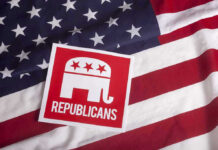 Election Chaos: GOP Launches 130 Lawsuits in 32 States Republican symbol on American flag background.