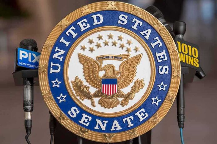 shutterstock_2130082274 Official seal of the United States Senate with microphones in the background