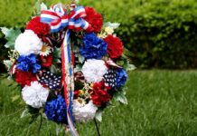Honorary Servicewoman Event CANCELED! – See Why! A patriotic memorial wreath adorned with red, white, and blue flowers