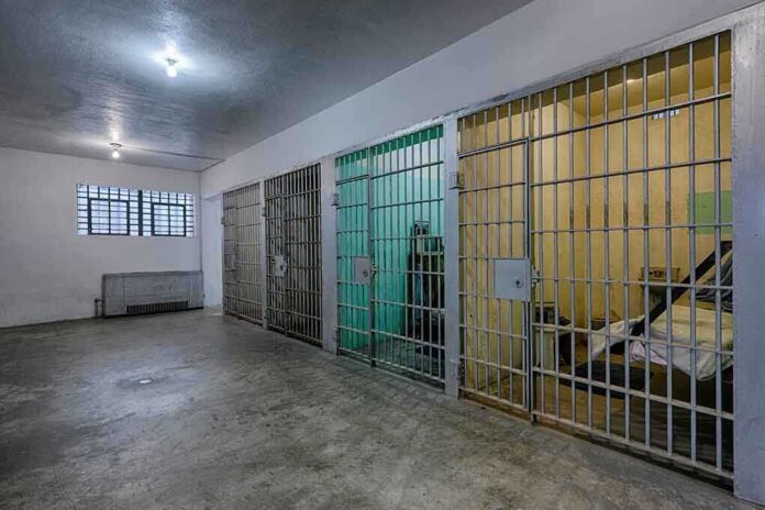 shutterstock_154636196 Interior view of a prison cell block with metal bars and concrete flooring