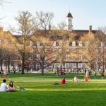 Students relaxing on a campus quad in front of a brick academic building