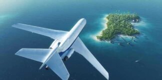 Airplane flying over tropical island