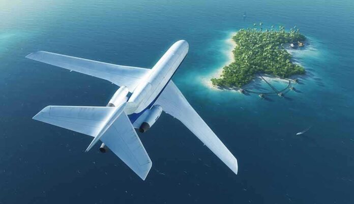 shutterstock_121715860 Airplane flying over tropical island