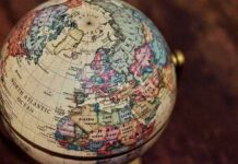 Vintage globe showing Europe, North Africa, and the North Atlantic