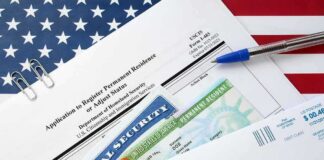 immigration forms with green card and social security card on US flag background