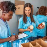 Volunteers sorting food donations in a community center