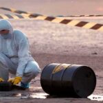 Massive Air Force One Fuel Leak Hidden for Months! Hazmat worker kneeling near a fallen barrel at a cordoned-off site