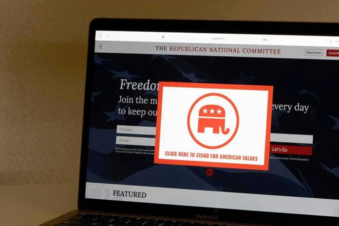 shutterstock_2069979245 Laptop screen showing a political committee website with a popup featuring an elephant logo
