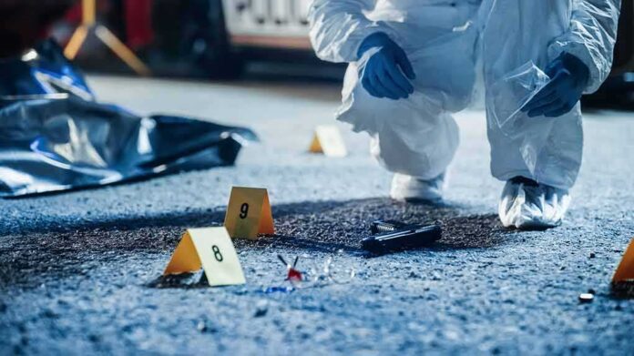 shutterstock_2230642391 Forensic investigator examines a crime scene with evidence markers and a handgun