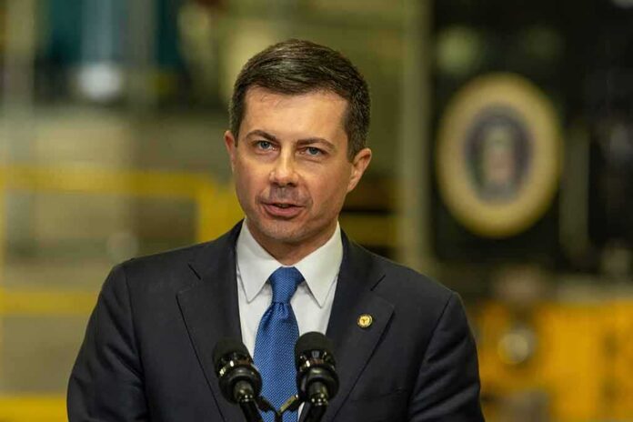 Pete Buttigieg speaking at a podium with microphones