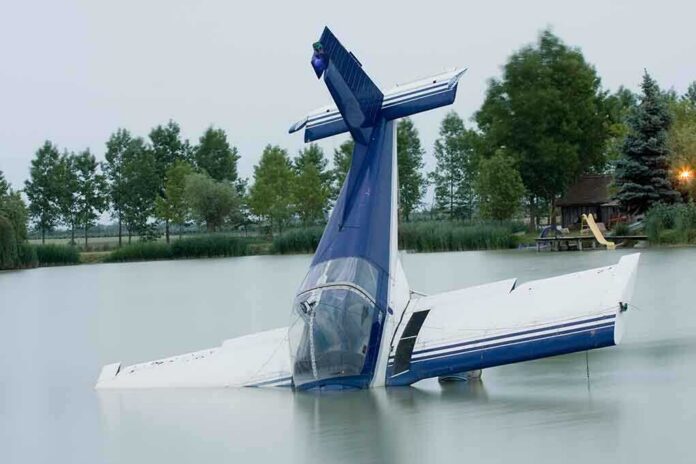 shutterstock_49499650 A submerged airplane partially in a lake with trees in the background