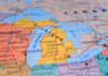 Close-up of a map highlighting Michigan and the Great Lakes