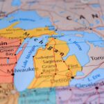 Close-up of a map highlighting Michigan and the Great Lakes