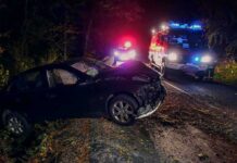 Crashed car on a dark roadside with emergency vehicles