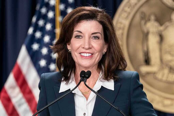 woman speaking at a podium with microphones