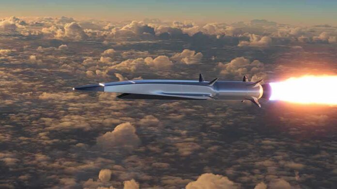 Hypersonic missile flying above clouds with bright exhaust flame