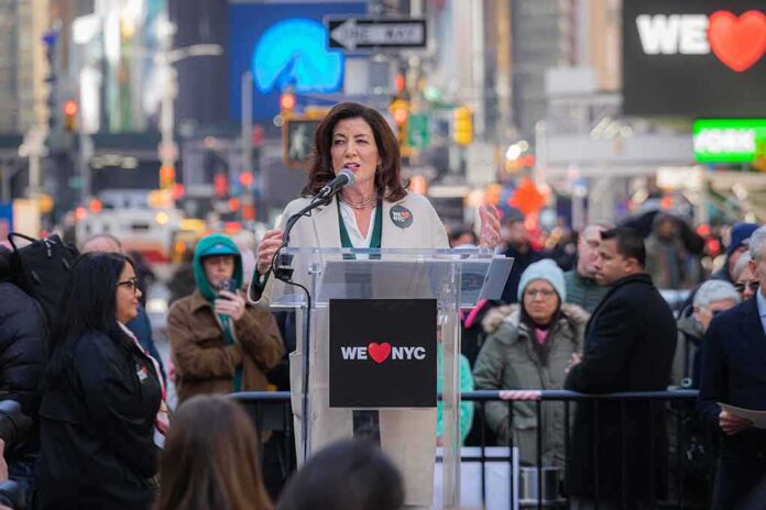 shutterstock_2277948537 Kathy Hochul speaks at a clear podium in a city street; Josh Boyce stands among the crowd