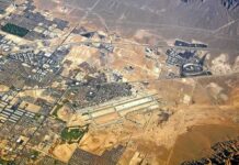 Aerial view of desert city with airport and highways