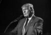 Trump Insights Outrage, Invites Iran To Strike LA Donald Trump speaking at a microphone in a black-and-white photo