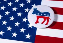 Democratic donkey button on American flag