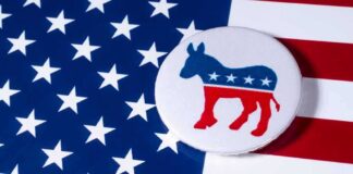 Democratic donkey button on American flag