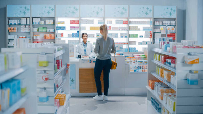Pharmacy,Drugstore:,Beautiful,Young,Woman,Buying,Medicine,,Drugs,,Vitamins,Stands