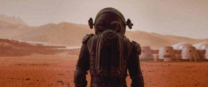 Back,View,Of,Astronaut,Wearing,Space,Suit,Walking,On,A