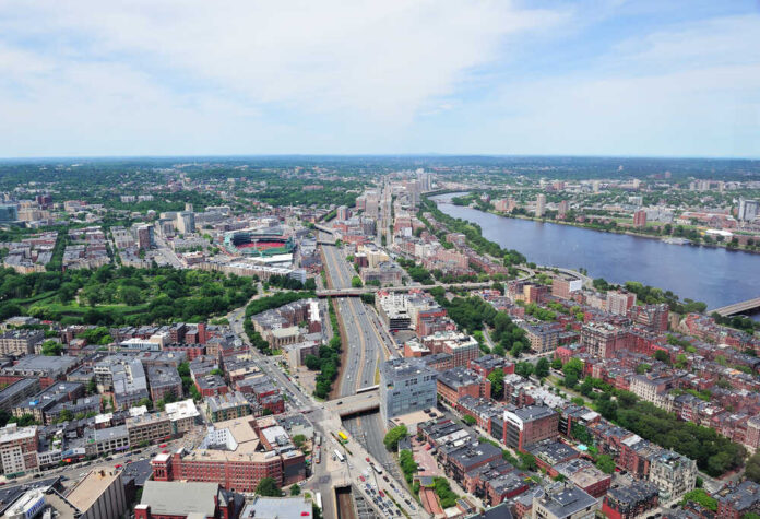 Boston,City,Aerial,View,With,Urban,Buildings,And,Highway,With